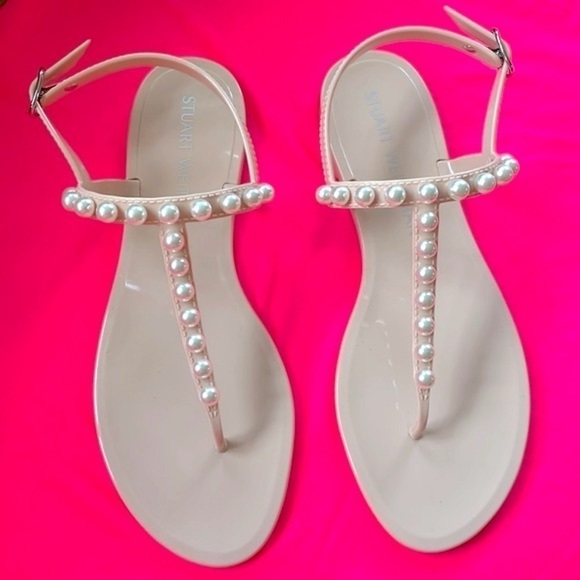 Brand New Stuart Weitzman Goldie Pearly Stud Jelly Sandals Ankle Strap Neutral - Picture 11 of 12
